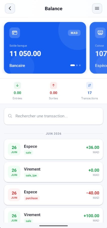 Balance Station Maroc avec transactions, entrées et sorties