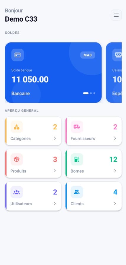 Tableau de bord Station Maroc avec soldes et aperçu général