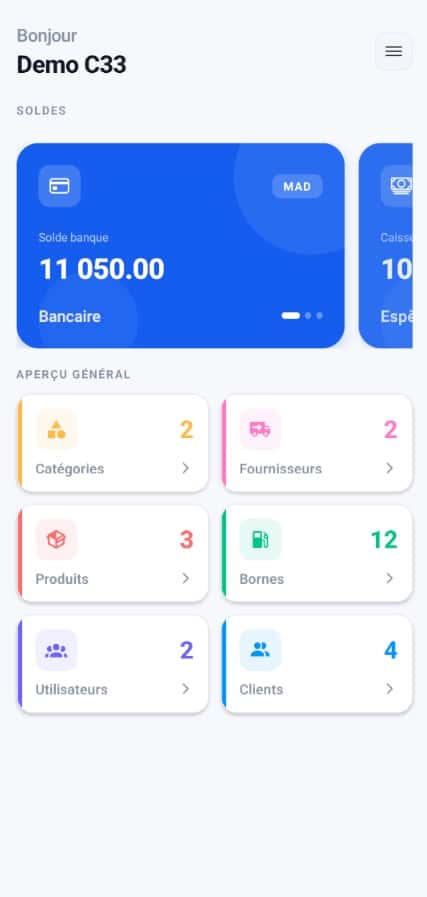 Tableau de bord Station Maroc avec soldes et aperçu général